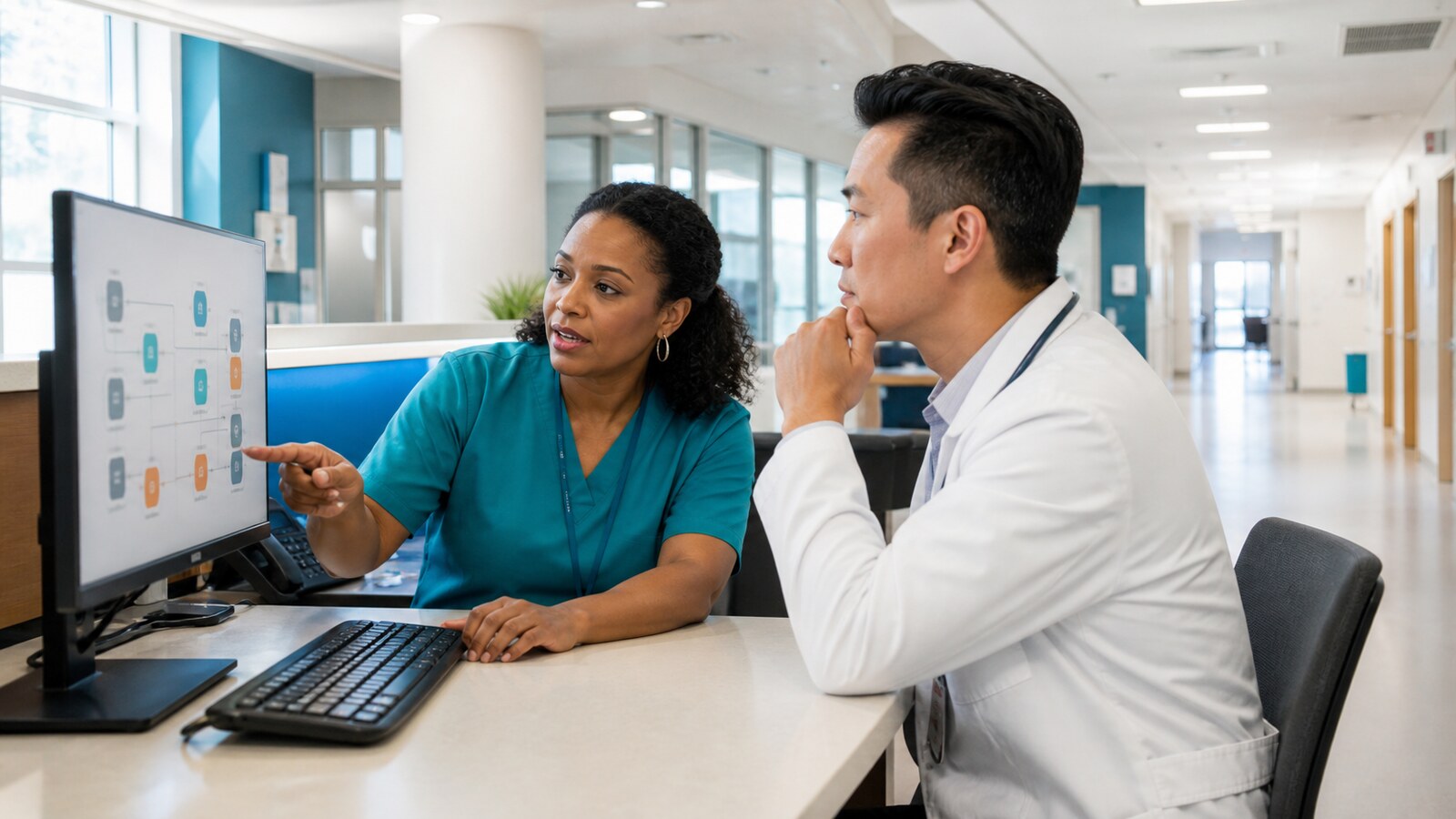 Physician and revenue cycle specialist reviewing an electronic prior authorization workflow