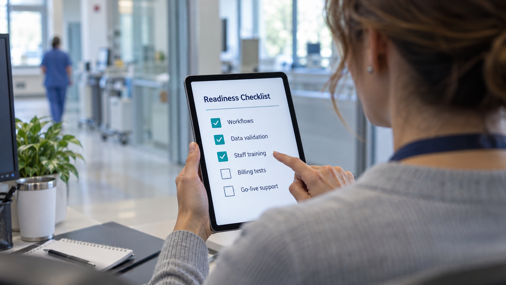 Healthcare professional reviewing an implementation readiness checklist on a tablet.
