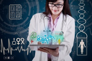 Doctor with medical apps on digital tablet